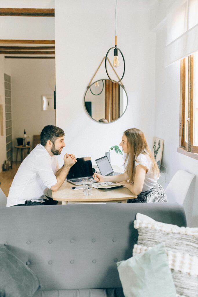 couple having a calm money conversation at home
